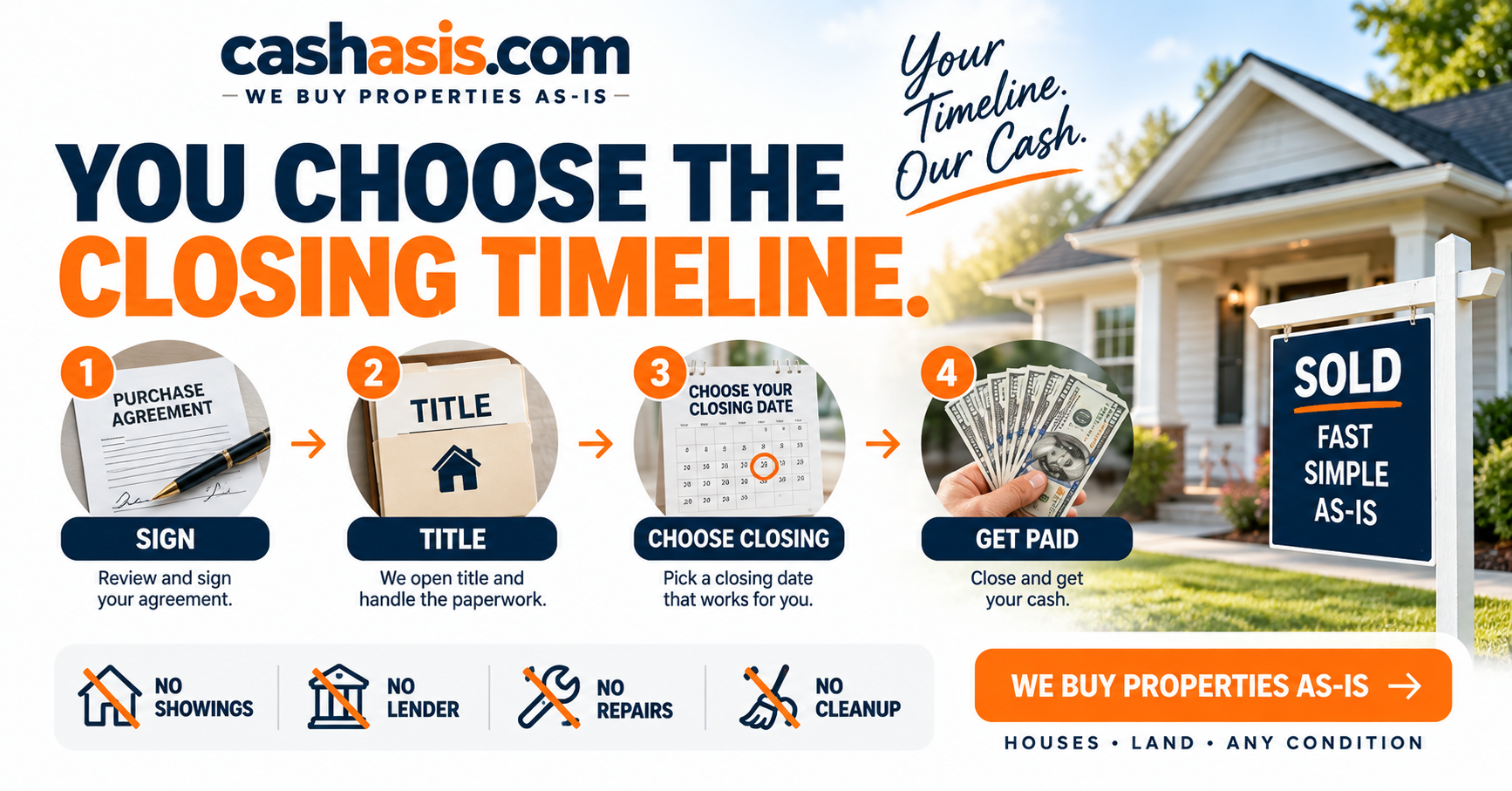 Cash property closing timeline — sign, title, choose closing, get paid