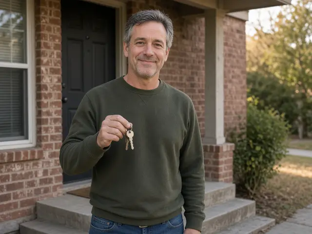 Homeowner on a porch holding keys after selling