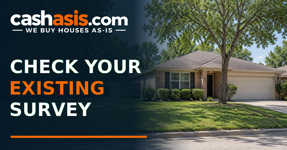 Illustrative Houston-area brick house and side-yard fence with the headline Check Your Existing Survey