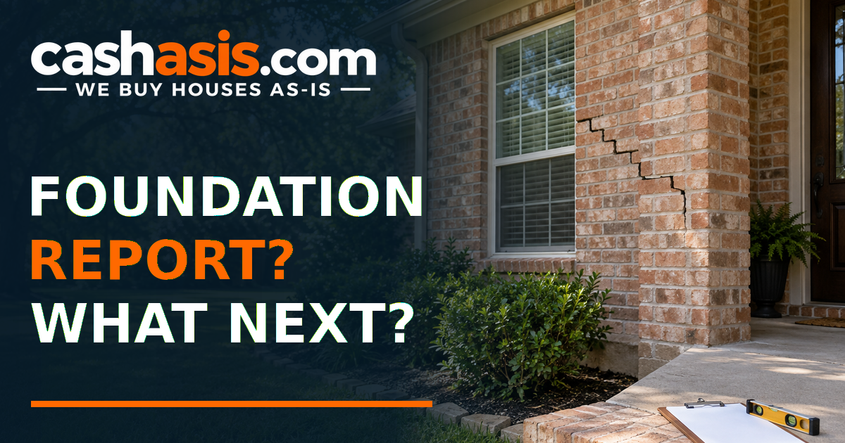 Illustrative Houston brick house with subtle mortar crack and blank assessment clipboard beside Foundation Report What Next headline and official Cash As-Is logo