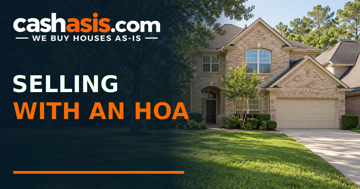 Illustrative Houston-area subdivision house with the headline Selling With An HOA