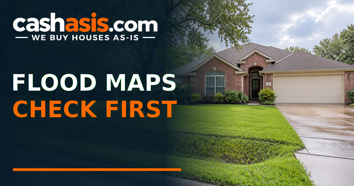 Illustrative Harris County brick house beside a grassy drainage swale after light rain with the headline Flood Maps Check First