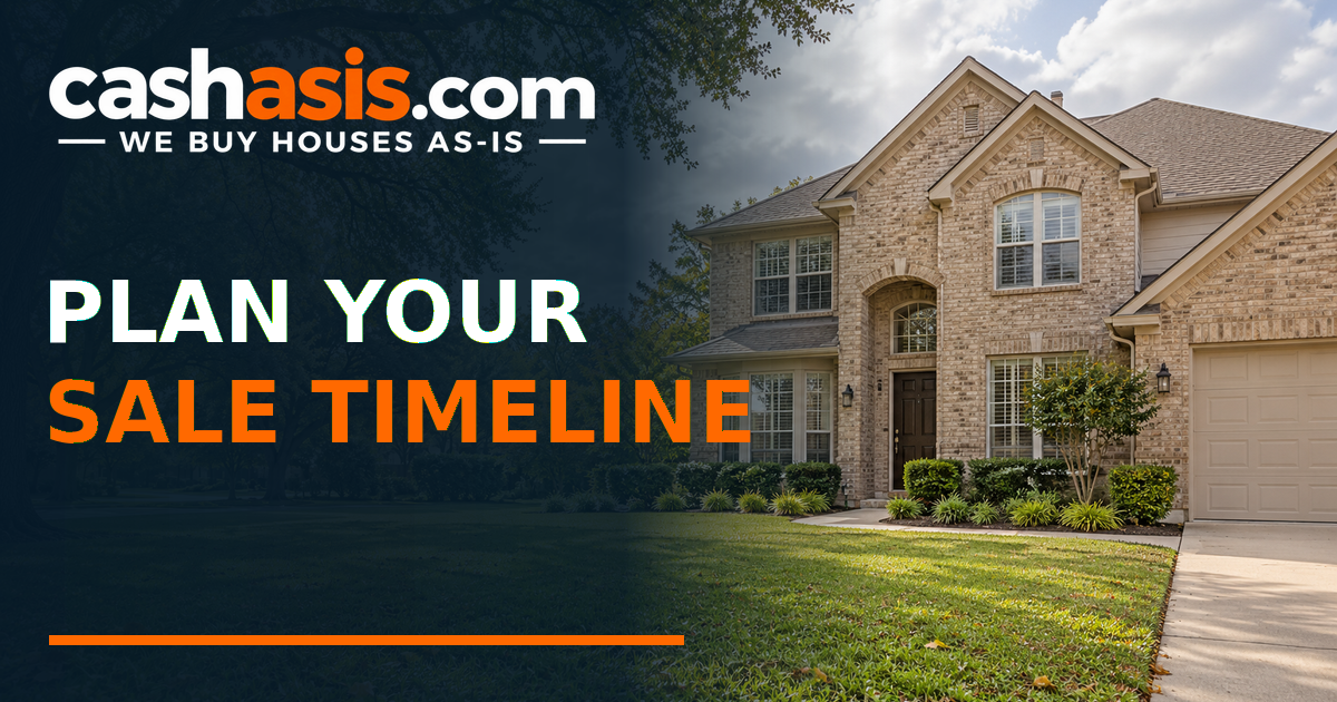 Illustrative Houston-area brick house with the headline Plan Your Sale Timeline and the official Cash As-Is logo