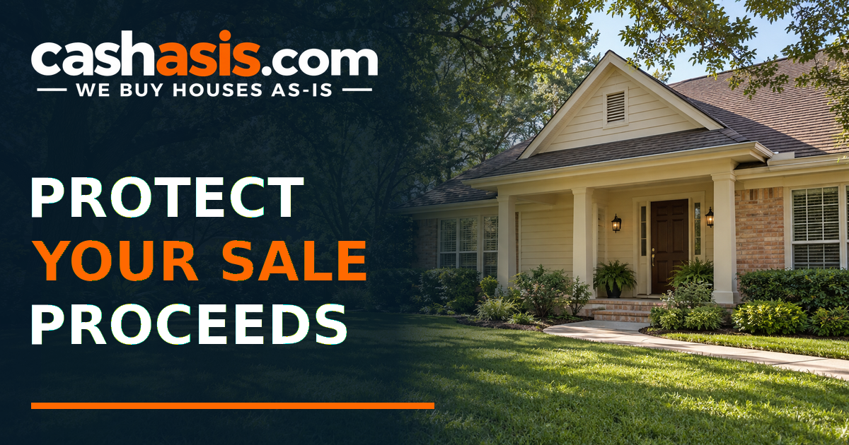 Illustrative Houston-area house with the headline Protect Your Sale Proceeds and the official Cash As-Is logo