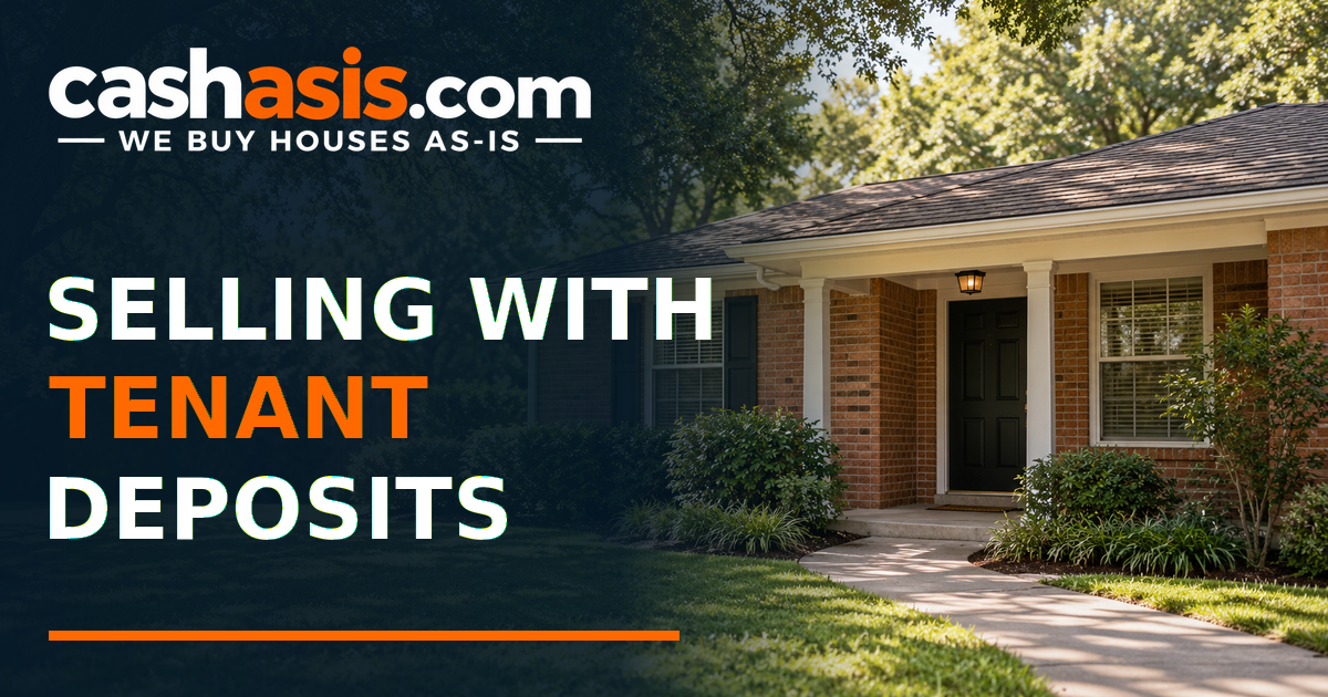 Illustrative Houston-area rental house with the headline Selling With Tenant Deposits and the official Cash As-Is logo