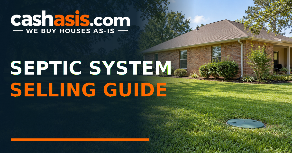 Illustrative Fort Bend brick house and grassy yard with a closed septic access lid and the headline Septic System Selling Guide