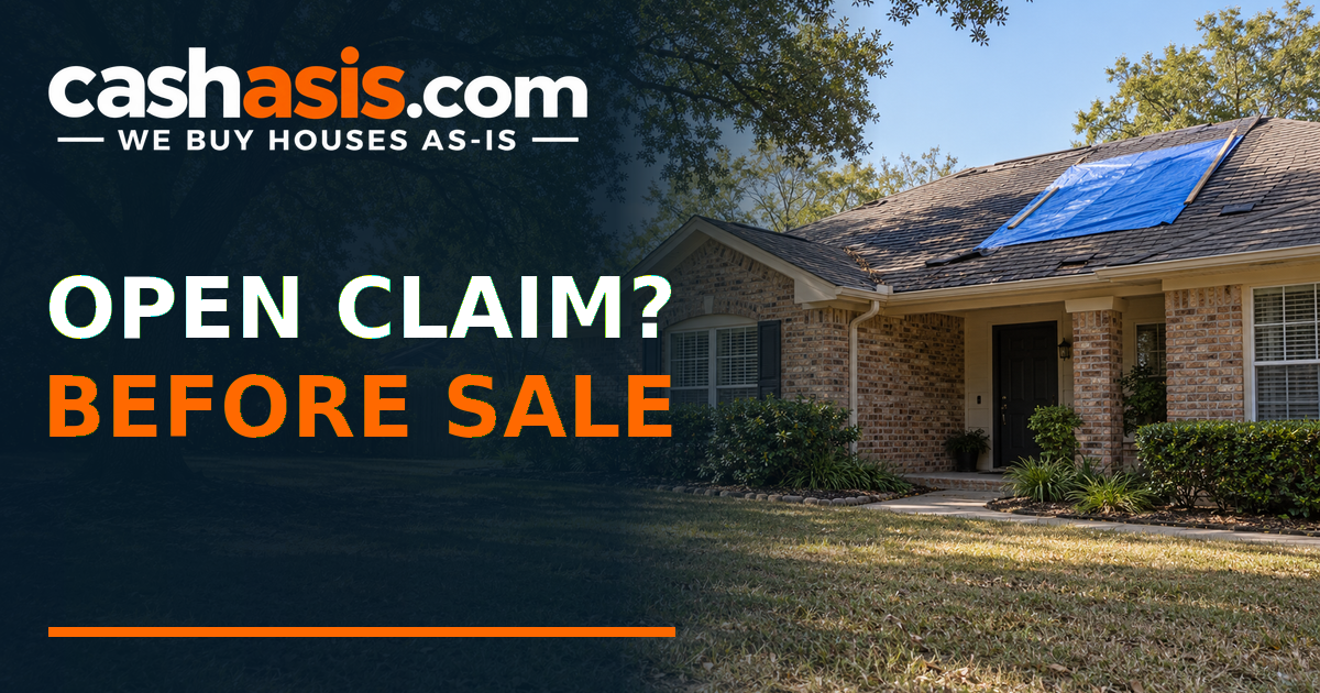 Illustrative Houston brick house with a secured roof tarp and the headline Open Claim Before Sale