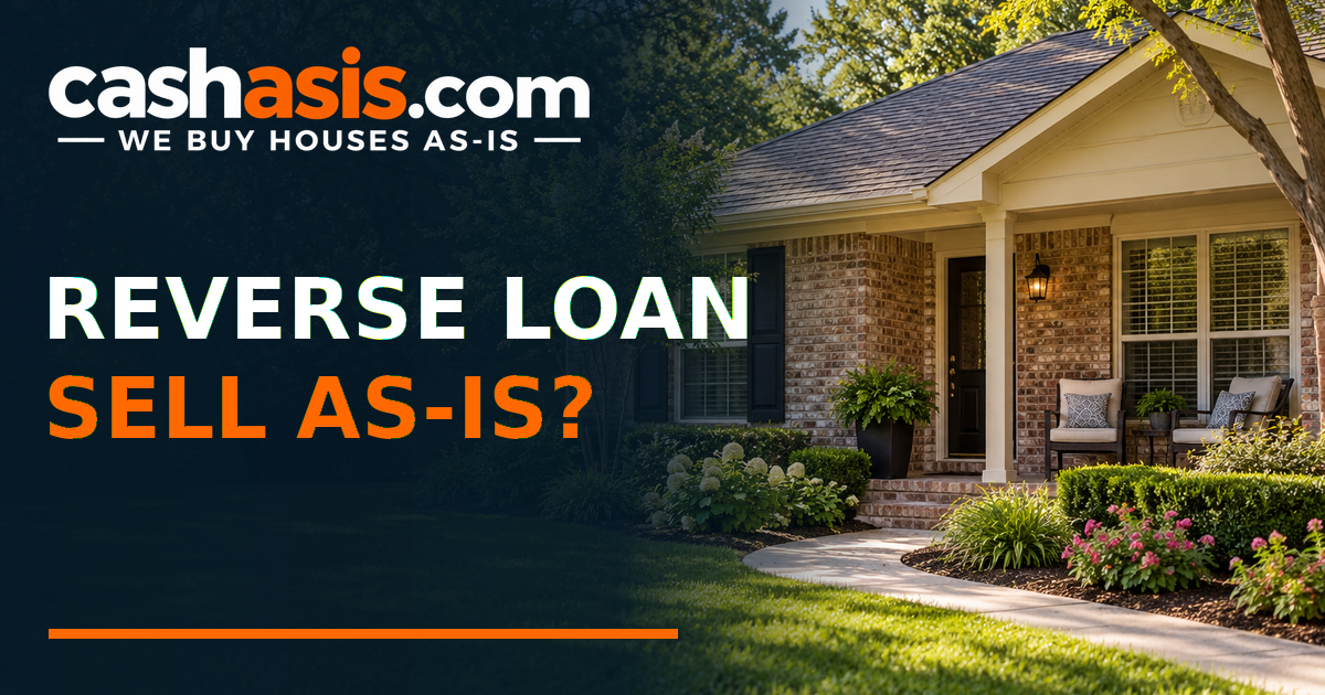 Illustrative established Houston brick home with porch chairs and Reverse Loan Sell As-Is headline beside the transparent official Cash As-Is logo