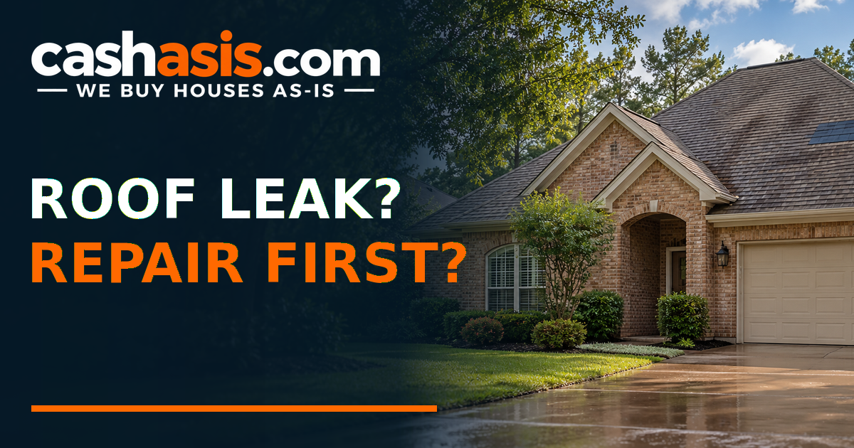Illustrative Houston brick house with a patched shingle roof and Roof Leak Repair First headline beside the official transparent Cash As-Is logo