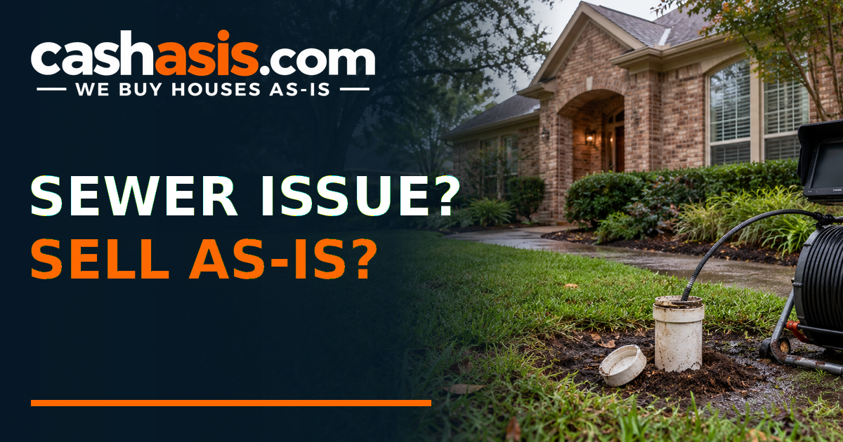 Illustrative Houston brick house with a sewer cleanout and inspection camera beside Sewer Issue Sell As-Is headline and the official transparent Cash As-Is logo