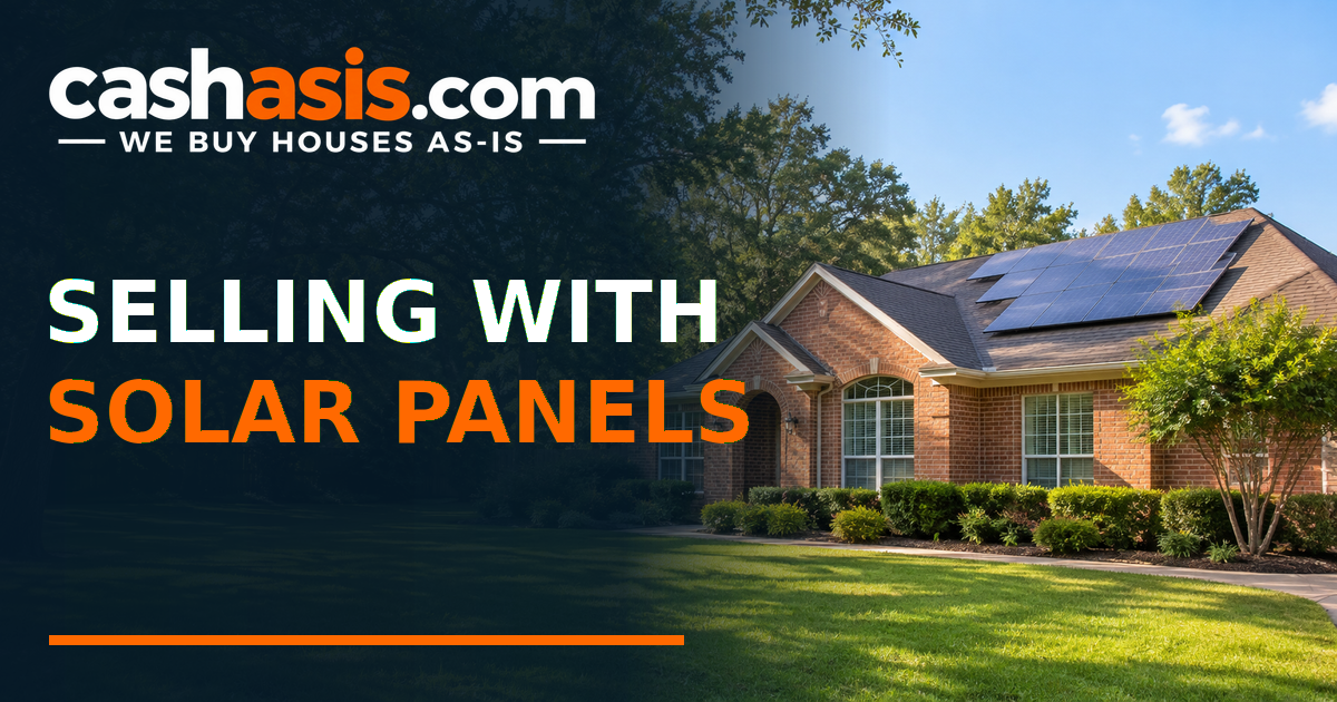 Illustrative Houston-area brick house with rooftop solar panels, the headline Selling With Solar Panels and the official Cash As-Is logo