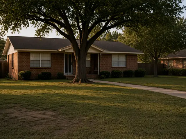 Vacant dated ranch house with a quiet front yard