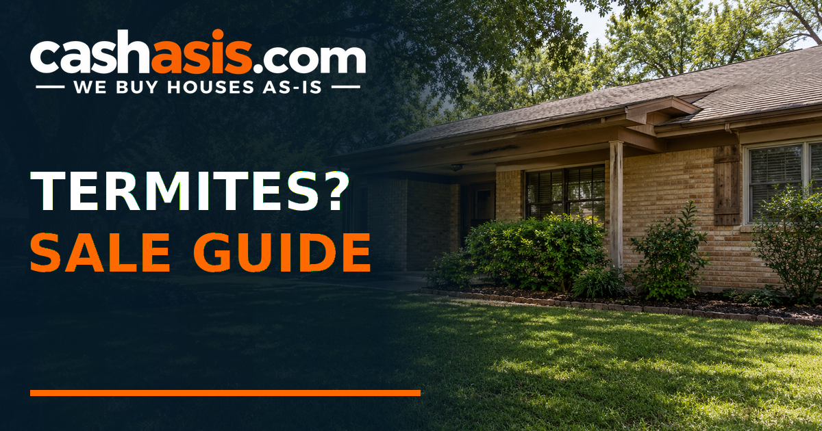 Illustrative Houston brick ranch with wooden porch trim and the headline Termites Sale Guide under the official Cash As-Is logo